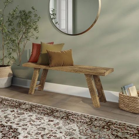 Reclaimed Wood Bench | Wayfair Rustic Bench Decor, Window Seat Entryway, Noodle Bench Decor, Wooden Bench Indoor Decorating Ideas, Entrance Way Bench, End Of Bed Bench Wood, Wooden Bench For Bedroom, Bench And Mirror Entryway, Benches For Entryway