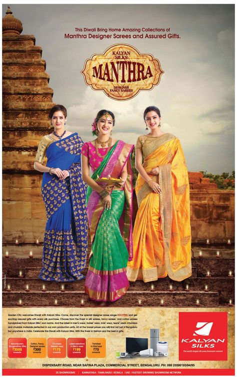 kalyan-silks-mantra-this-diwali-bring-home-amazing-collection-of-manthra-designer-sarees-and-assured-gifts-ad-bangalore-times. Check out more Apparel & Accessories Advertisement Advertisement Collection at https://www.advertgallery.com/product-category/advertisements-by-category/Apparel & Accesories Saree Advertisement, Fashion Sale Poster, Diwali Fashion, Yellow Aesthetic Pastel, Pamphlet Design, Creative Advertising Design, Simple Designs To Draw, Saree Models, Psd Designs