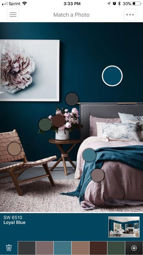 SW Loyal Blue Dark Blue Bedroom Walls, Beautiful Bedroom Colors, Blue Bedroom Walls, Blue Wall Colors, Best Bedroom Colors, Dark Blue Walls, Cute Bedroom Ideas, Dekorasi Kamar Tidur, Living Room Color Schemes