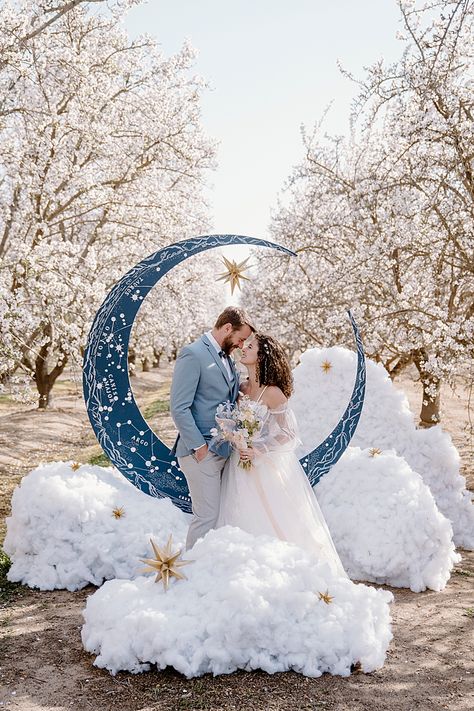 Moon and Stars Almond Blossom Elopement | Southern California Wedding Ideas and Inspiration Fall Moon Wedding, Celestial Wedding Reception Ideas, Wedding Moon Photobooth, In The Stars Wedding Theme, Moonlight Theme Wedding, Wedding Moon Arch, Moon And Stars Wedding Decor, Crescent Moon Centerpiece, Nighttime Wedding Ideas