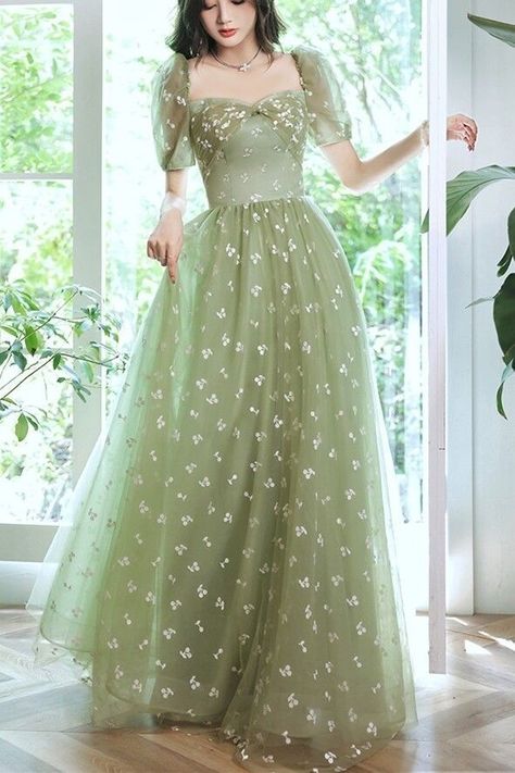 Prom Dresses Long Cottage Core, Sage Green Dress Aesthetic, Aesthetic Short Dresses, Sage Green Dress Outfit, Sage Green Sweet 16, Sage Green Dress Formal, Sage Green Clothes, Sage Green Long Dress, Sage Green Ball Gown