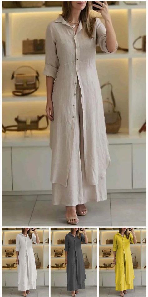 Casual Solid Color Buttons Shirt Collar Long Sleeve Two Pieces(7 Colors) Linen Two Piece Set, Straight Clothes, Fall Winter Dresses, Two Piece Pants Set, Jeans Cargo, Maxi Robes, Linen Style, Turndown Collar, Yoga Shorts