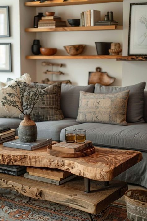 Grey Couch And Wood Living Room, Grey Couch With Wood Coffee Table, Two Toned Couch, Grey And Wood Furniture, Gray And Earth Tone Living Room, Cozy Grey Couch Living Room, Styling Gray Couch, Wooden Table Design For Living Room, Pnw Living Room