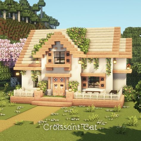 Croissant Cat | Cottagecore House. Full Tutorial in my channel on YouTube. Link in bio❤ - - - Game Info - - - Shaders: Complementary Shaders Texture:… | Instagram Cute Minecraft House Blueprints, Cute Basic Minecraft Houses, Cute Builds In Minecraft Easy, Simple Easy Minecraft House, Cute Mc House Ideas, Croissant Cat Minecraft, Layout Minecraft House, Aesthetic Vanilla Minecraft House, House Design Minecraft Easy