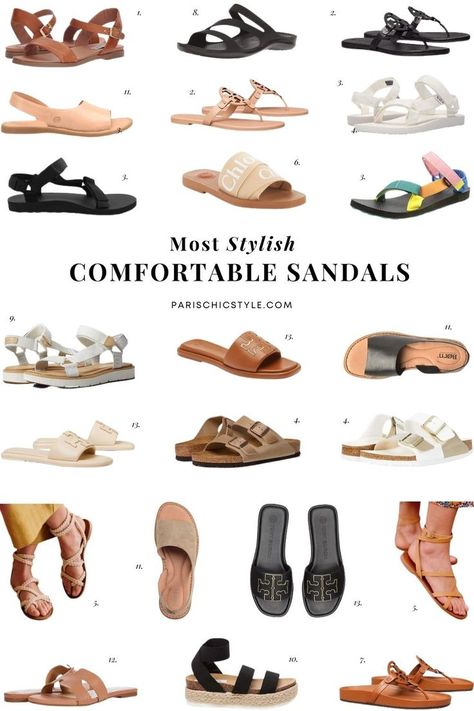 Most comfortable sandals for women for walking, travel. Best stylish sandals for travel Teva, Tory Burch, French sandals Sezane, Birkenstock, Crocs, Timberland, Chloe, French Sole. From Steve Madden sandals, inspired by the streets of New York, captures the latest in streetwear to create a collection that has taken the fashion world by storm. Tory Burch is reinventing the designer sandal with timeless silhouettes & genuine materials. #parischicstyle #parisianstyle #fashion #travel #sandals Stylish Flat Sandals For Women, Comfortable Flat Sandals For Women, Summer Dress And Sandals, Sandal Design Women, Sandals With Dresses, Sandals For Dresses Summer, Timberland Sandals Outfit, Cute Flat Sandals Summer, Women Summer Sandals 2023