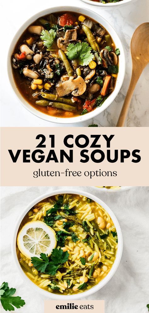 What's better than a comforting bowl of soup on a cold day? This round up celebrates 21 of my favorite Vegan Soup Recipes! Full of hearty vegetables and good-for-you ingredients, you'll feel great eating these cozy meals. Many gluten-free options! #vegansoup #vegancomfortfood #stew #chili #broth #vegetabletsoup #lentils #veganchili #vegetarian #easydinner Vegan Soup Gluten Free, Winter Soup Recipes Dairy Free, Fall Soup Vegetarian, Vegan Gluten Free Soup, Hearty Vegan Soup, Gluten Free Vegetarian Soup Crockpot, Vegetarian Soups And Stews, Chunky Vegan Soup, Vegan Soup For Colds