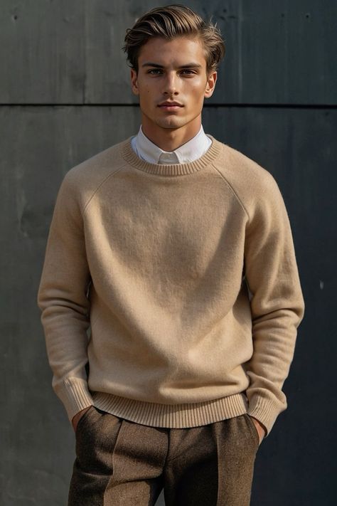 Men Beige Sweater Outfit, Cream Sweater Outfits Men, Cashmere Sweater Outfit Men, Beige Sweater Outfit Men, Camel Color Outfits, Camel Sweater Outfit, Beige Sweater Outfit, Attractive Outfits, Business Casual Men Work