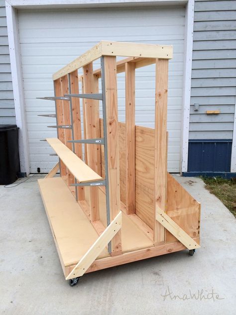 Lumber Storage Rack, Pallet Furniture Ideas, Wood Cart, Plywood Storage, Lumber Rack, Wood Storage Rack, Woodworking Garage, Lumber Storage, Woodworking Store