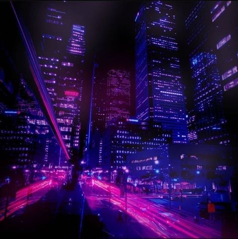 A blue, purple, and pink city lit up at night. Neon Cyberpunk Aesthetic, Cyberpunk Futuristic, Purple City, Neon Cyberpunk, Aesthetic Neon, Cybercore Aesthetic, Midnight City, Neon Noir, Futuristic Aesthetic