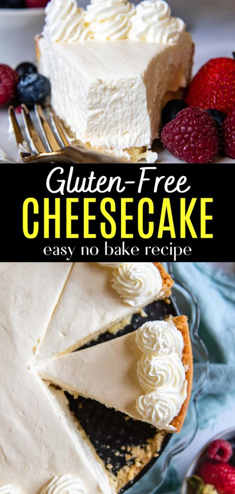 No Bake Gluten-Free Cheesecake (No Fail Recipe!) Easy Gluten Free Cheesecake, Gluten Free Cheesecake Crust, Gluten Free Cheesecake Recipes, Dairy Free Cheesecake, Gluten Free Graham Crackers, Gluten Free Cake Recipe, Gluten Free Crust, Easy Gluten Free Desserts, Gluten Free Cheesecake