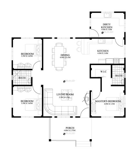 Small House Design: SHD-2015010 | Pinoy ePlans - Modern house designs, small house design and more! Single Story House Floor Plans, Single Storey House Plans, Porch House, Modern Bungalow House Design, Three Bedroom House Plan, One Storey House, Bungalow Floor Plans, Affordable House Plans, House Plans One Story