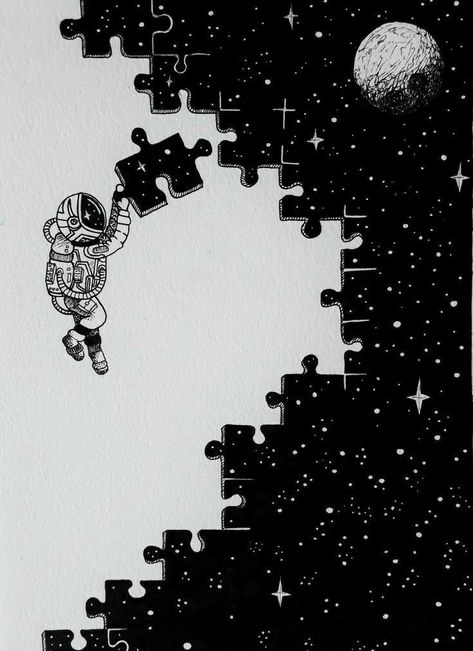 Cool Astronaut Art, Black And White Space Drawing, Drawing Of Galaxy, Puzzle Art Drawing, Astronomy Art Drawing, Astronaut Art Drawing, Space Drawings Galaxies, Cute Astronaut Drawing, Puzzle Drawing Ideas