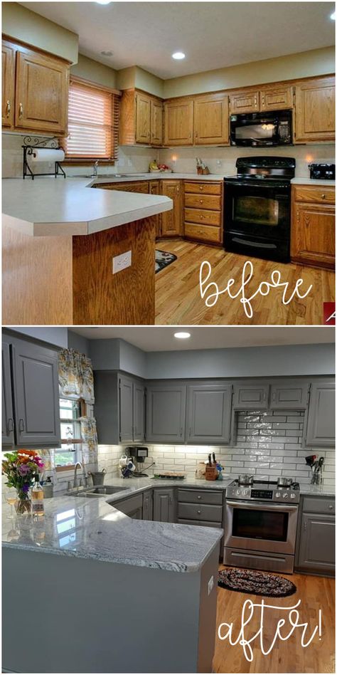 Diy Kitchen Cabinets Makeover, Colored Kitchen, Chelsea Gray, Kitchen Diy Makeover, Diy Kitchen Renovation, Diy Kitchen Remodel, Gray Paint, Kitchen Remodel Before And After, Kitchen Cabinets Makeover