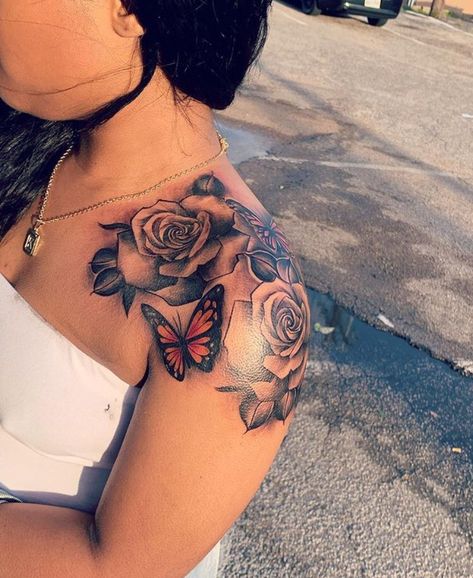 Cute Shoulder Tattoos, Cute Tattoos On Wrist, Arm Sleeve Tattoos For Women, Rose Tattoos For Women, Hand Tattoos For Girls, Cute Hand Tattoos, Pretty Hand Tattoos, Butterfly Tattoos For Women, Tattoos For Women Flowers