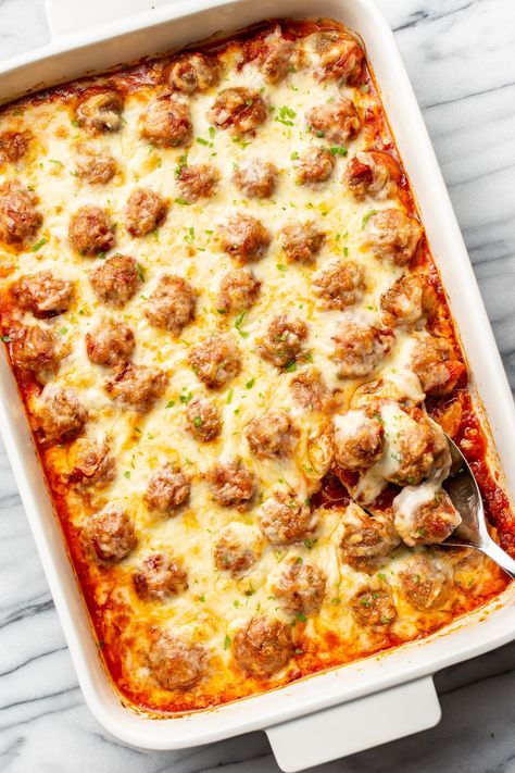 Easy Meatball Dishes, Meatballs Casserole Easy, Meatball And Peppers, Cheesy Supper Ideas, Sloppy Joe Meatball Bake, Low Carb Meatball Casserole Frozen Meatballs, Meatball And Sausage Recipes, Cheesy Meatball Casserole With Frozen Meatballs, Keto Meatball Bake