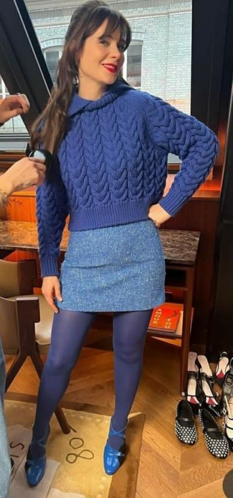 Navy Blue Tights Outfit, Blue Tights Outfit, Colour Tights, Navy Blue Tights, Zooey Deschanel Style, Coloured Tights, Navy Tights, Legs Outfit, Blue Tights