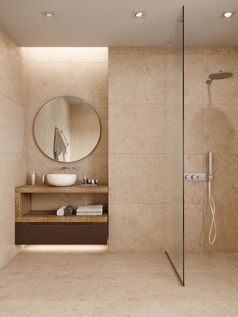 Beige Tiles In Bathroom, Travertine Bathroom Modern, Warm Toned Bathroom, Beige Tiles Bathroom, Concrete Tile Bathroom, Warm Tone Bathroom, Bathroom Beige Tile, Bad Beige, Beige Bathroom Tiles