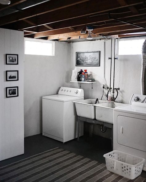 Basement Laundry Room With Sink, Basement Laundry Utility Room, Basement Transformation Budget, Laundry In Basement Ideas, Unfinished Laundry Room Basement, Laundry Room Ideas Basement Unfinished, Cellar Laundry Room, Finished Laundry Room In Basement, Laundry Room Unfinished Basement