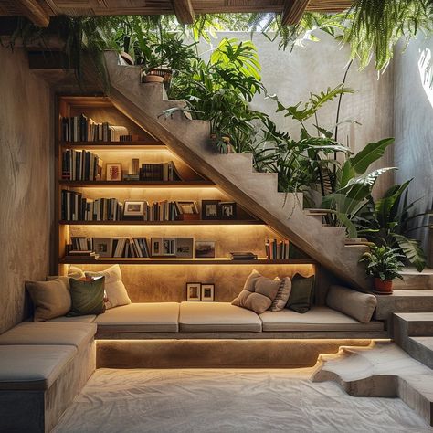 Nature’s Refuge: A Biophilic Reading Nook Under Your Stairs Find solace in a serene escape beneath your staircase. Embrace the calming presence of nature with a biophilic-inspired reading nook. Surround yourself with greenery, natural textures, and gentle lighting for a cozy retreat right at home. Conceptual AI Art Follow @ecosapiens for more! Sottoscala Ideas, تحت الدرج, Home Library Design, Dream House Interior, Design Your Dream House, Staircase Design, Stairs Design, Dream Rooms, Home Room Design