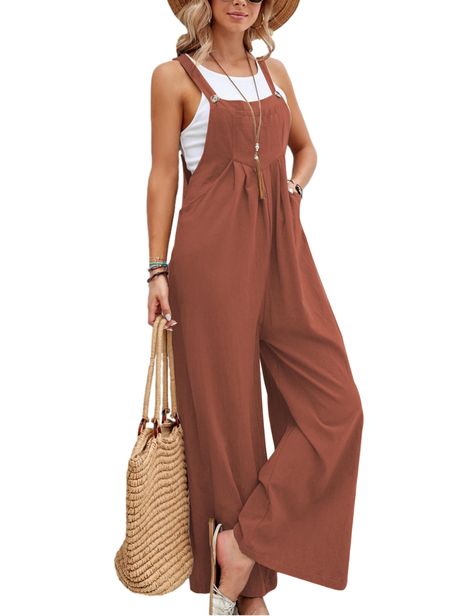 PRICES MAY VARY. Pull On closure Adjustable strap jumpsuit, two side pockets, square neckline, solid color, comfy wide leg overalls jumpsuit for women Fashion sleeveless wide leg jumpsuit with pockets for women, it is made of super soft cotton linen fabric, sleeveless, adjustable strap on your need, suit for most body shape Loose fit, casual summer linen jumpsuit for women, cute spring jumpsuit, maternity jumpsuit, baggy bib overalls, perfect for daily wear, shopping, work, outdoor, party, holid Loose Overalls Outfit, Granola Fashion, Wide Leg Jumpsuit Outfit, Stylish Overalls, Spring Jumpsuit, Wide Leg Outfit, Summer Jumpsuit Casual, Overalls Jumpsuit, Loose Romper