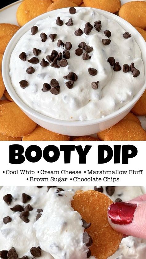 The viral TikTok Booty Dip recipe has taken social media by storm with its simplicity and deliciousness. Made with just 5 ingredients, including cream cheese, marshmallow fluff, whipped topping, brown sugar, and chocolate chips, this creamy and sweet dip is the perfect dessert or appetizer for any gathering. Snicker Dip Recipe, Dunkaroo Dip Recipe Cream Cheese, Tiktok Snacks Easy, Cream Cheese And Chocolate Chip Dip, Crock Pot Dessert Dip, Cool Whip Snacks, Easy Dessert Dips For A Party, Gluten Free Dessert Dip Recipes, Kid Friendly Dips Appetizers