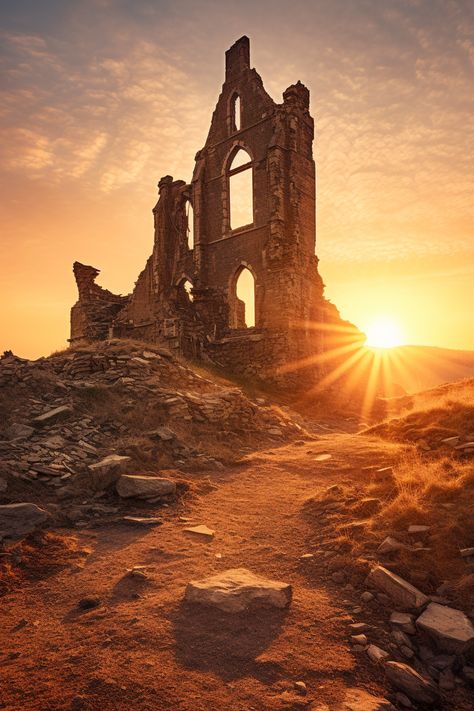 Old ruin at sunset, digital image Ancient Ruins Aesthetic, Ruins Aesthetic, Fantasy Ruins, Desert Ruins, Sky Pirate, Vintage Halloween Printables, Barren Landscape, City Ruins, Black Ops Zombies