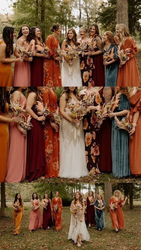 Boho Theme Bridesmaid Dresses, Autumn Floral Bridesmaid Dresses, Bridesmaid Autumn Dresses, Autumnal Boho Wedding, Hippy Bridesmaid Dresses, Earth Bridesmaid Dresses, Bridesmaids And Groomsmen Colors Fall Weddings, Mismatched Fall Bridesmaids, Multicolor Fall Bridesmaid Dresses