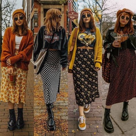 2023 70s Style, Outfit Ideas With Skirts Fall, Grown Up Grunge Outfits, Cute Fall Outfits Alternative, Fall Outfit Grunge Aesthetic, Midi Skirt Grunge Outfit, Cool Fall Outfits 2023, Dr Martens Midi Skirt, Tshirt And Skirt Outfit Fall