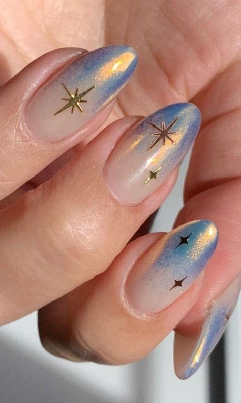 Iridescent Star Nails, Astrology Themed Nails, Dreamy Nail Designs, Starry Nail Designs, Solstice Nails, Astronomy Nails, Dreamy Nail Art, Irridecent Design Nails, Virgo Nails Acrylic