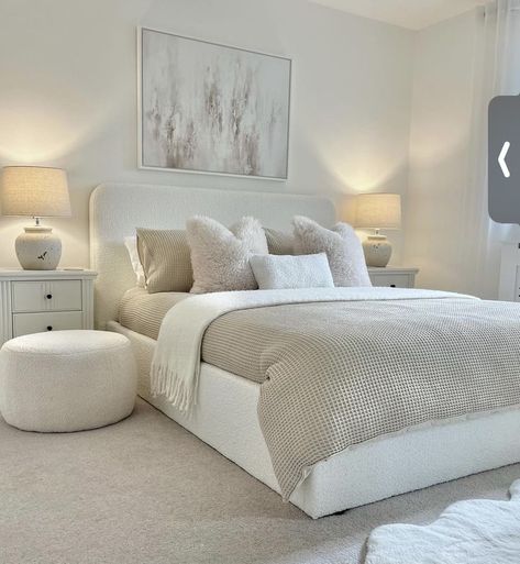 Bed Frame Ideas Aesthetic, Frames Behind Bed, White Cosy Bedroom Aesthetic, Beige Bed Covers Aesthetic, Fluffy White Bedding Aesthetic, Fluffy White Comforter Aesthetic, Stylish Tv Unit, Clean Girl Aesthetic Befroom, Bird Of Paradise Plant