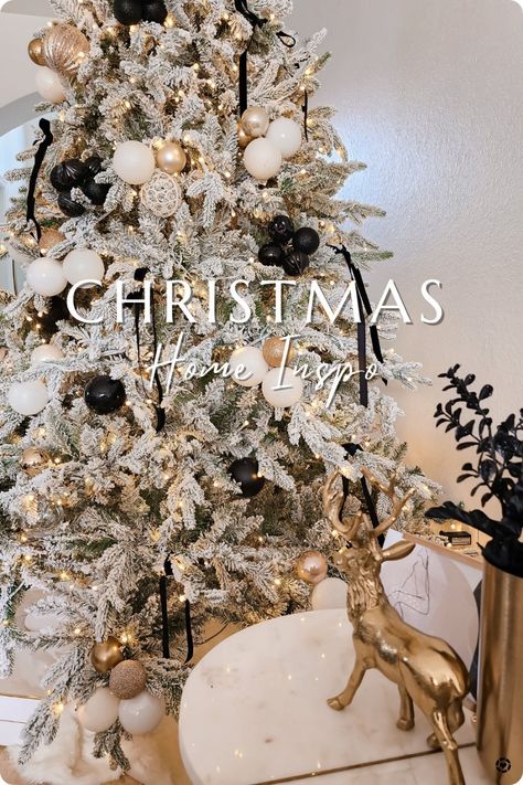 Brown White And Gold Christmas Tree, Flocked Christmas Decor Ideas, White Gold Black Christmas Decor, Black Velvet Bows On Christmas Tree, Black And Gold Flocked Christmas Tree, White Gold Black Christmas Tree, White Gold And Black Christmas Tree, Christmas Decor Ideas Black And Gold, Christmas Tree Ideas Black And Gold