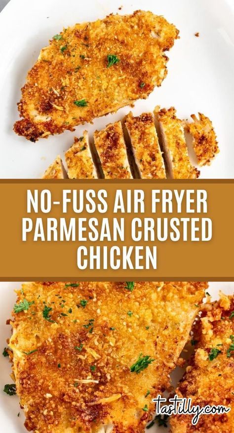 Ease into your week with this quick and easy Air Fryer Parmesan Crusted Chicken. With only 5 minutes of prep time and 12 minutes of cooking time, you can have an extra crispy chicken entree on the table in less than 20 minutes. Simple pantry staples turned restaurant-quality entree! Parmesan Chicken In Air Fryer, Crispy Parmesan Crusted Chicken, How To Make Chicken In The Air Fryer, Quick Dinner Ideas Air Fryer, Air Fry Chicken Parmesan, Roasted Chicken Air Fryer, Easy Weeknight Dinners Healthy Air Fryer, Easy Chicken Air Fryer Recipes, Fast Air Fryer Meals