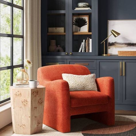 20 Things From Target To Make Your Home Your Friend's Source Of Inspo When Redecorating Terracotta Accent Chair, Orange Accent Chair Living Room, Comfortable Reading Chair, Orange Chair Living Room, Comfy Reading Nook, Podcasting Studio, Serena And Lily Wallpaper, Pallet Stool, Armchairs Living Room Modern