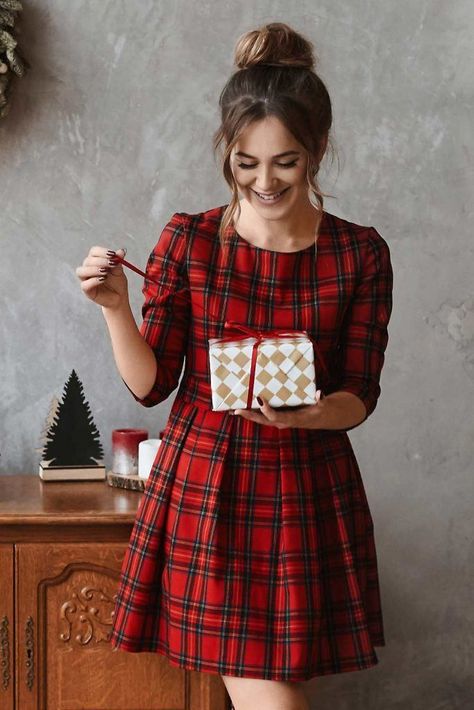 Luxury Christmas Dresses That Will Blow Your Mind ★ X Mas Dress For Women, Xmas Dresses For Women Outfit Ideas, Red Christmas Dress Outfit, Christmas Outfit Ideas For Women Dresses, Christmas Dress Outfit Ideas, Christmas Outfit Ideas For Women Winter, Christmas Dress Ideas For Women, Check Design Dress, Red Plaid Dress Outfit