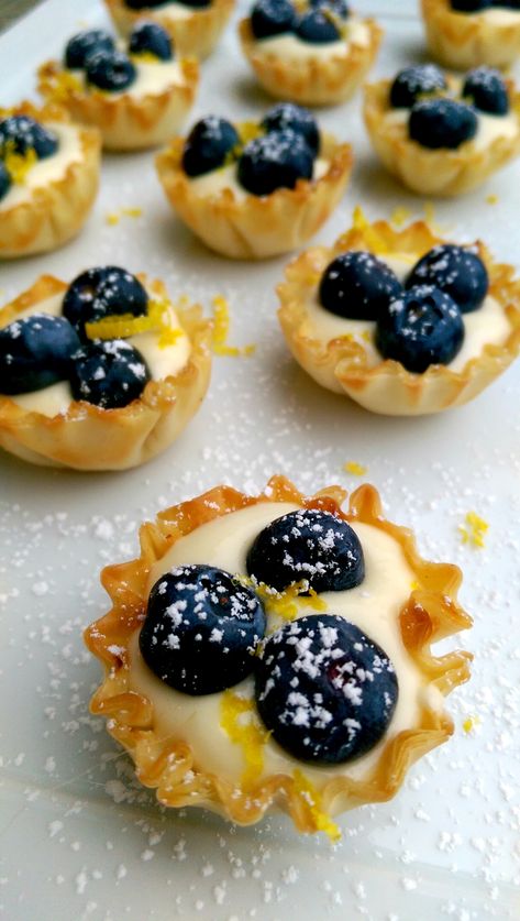 Blueberry Mini Desserts, Dessert For Lunch, Sweet Canapes Mini Desserts, Blueberry Tartlets, Curd Tarts, Wine Lunch, Cakes Slices, Filo Dough, Finger Snacks