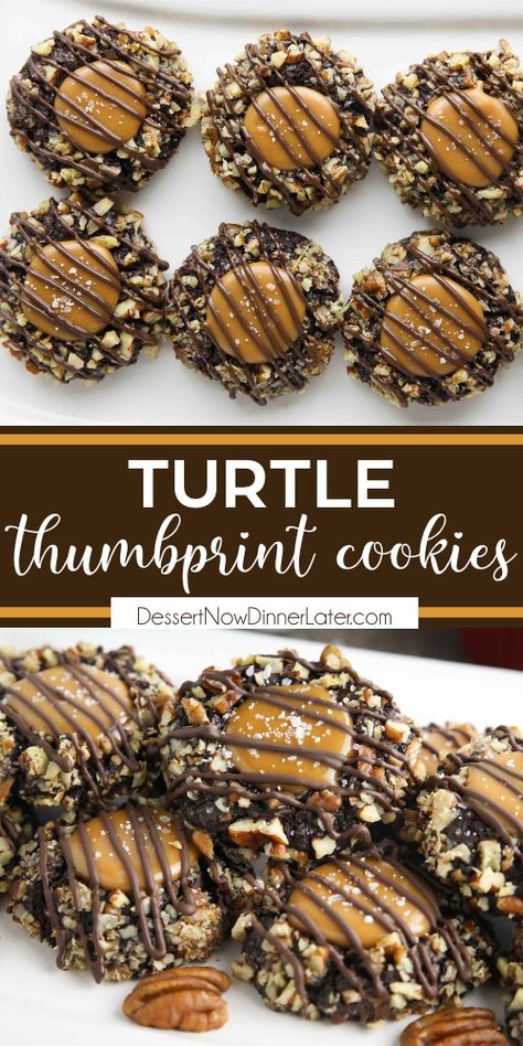 Turtle Thumbprint Cookies, Chocolate Turtle Cookies, Turtle Cookies Recipe, Caramel Pecan Cookies, Soft Chocolate Cookie, Chocolate Turtle, Chocolate Christmas Cookies, Chocolate Thumbprint Cookies, Turtle Cookies