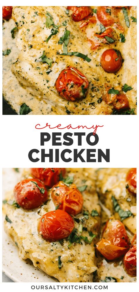 Garlic Pesto Sauce, Sauce With Cherry Tomatoes, Tomato Pesto Chicken, Pesto Chicken Recipe, Pesto Cream Sauce, Pesto Chicken Breast, Creamy Pesto Chicken, Chicken With Tomatoes, Basil Pesto Chicken