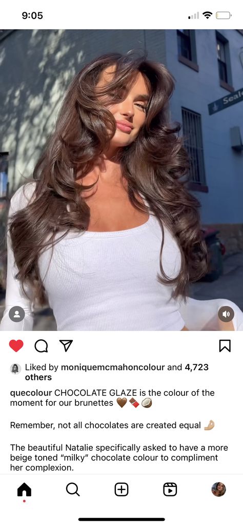 Dyed Brunette Hair Colour, Chocolate Glaze Hair Color, Brunette Hair Neutral, Beige Chocolate Hair, Glaze Brunette Hair, Solid Cool Brown Hair, Brown Glossy Hair, Glazed Chocolate Hair, Chocolate Brown Glaze Hair