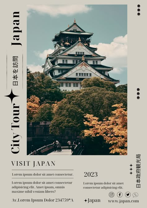 Poster travel in Japan Japanese Graphic Design Magazine, Travel Guide Layout Design, Graphic Design Travel Poster, Japan Travel Poster Design, Travel Magazine Aesthetic, Poster Japanese Design, Tourist Poster Design, Magazine Cover Travel, Travel Magazine Layout Design Creative