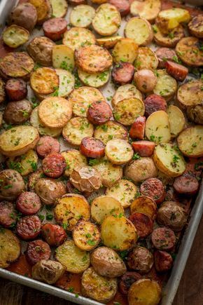 These roasted potatoes are ultra crispy and flavorful with a perfect browning on the coins of kielbasa. Easy, one-pan roasted potatoes and sausage recipe. Potatoes And Kielbasa, How To Cook Kielbasa, Kielbasa And Potatoes, Smoked Sausage Recipes, Kielbasa Recipes, Sausage Dishes, Pan Recipe, Chop Recipes, Easy Pork