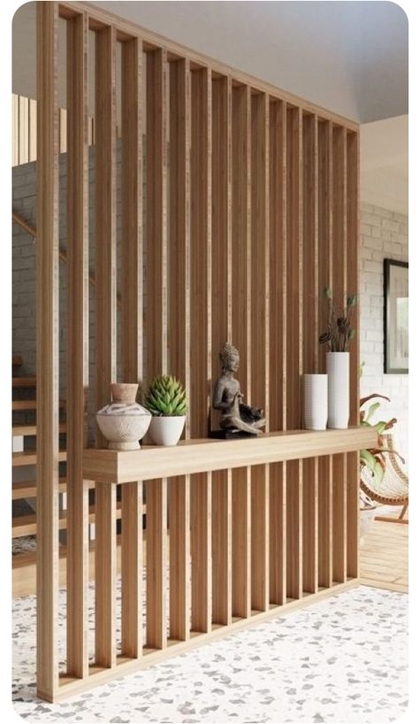 Wood Plank Room Divider, Timber Slat Wall Divider, Open Slat Wall, Cane Partition Interior Design, Wood Slat Wall Divider, Half Wall Room Divider Entrance, Wood Slat Wall With Shelves, Entryway Divider, Shelf Partition