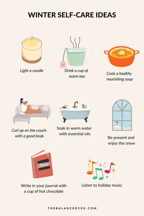 Stuck inside because of the cold weather? Try out one of these winter self-care activities to help nourish your mind, body, and soul. Common Cold Self Care, Self Care Winter Ideas, Snow Day Self Care, Me Time Activities, Things To Do For Your Soul, Body Care Ideas, Winter Self Care Routine, Winter Body Care Routine, Self Care Things To Buy