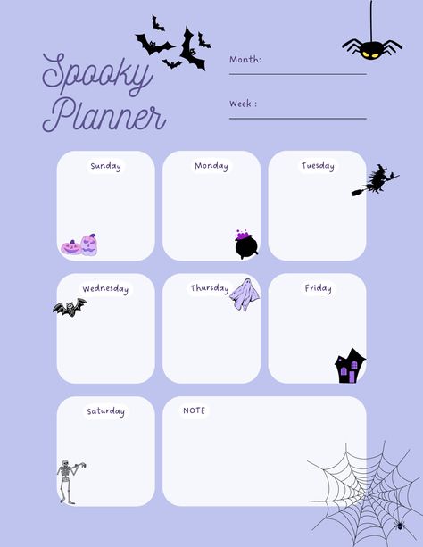 Halloween Daily Planner, Halloween Weekly Planner, Spooky Journal, Book Trackers, Digital Planner Ideas, Planner Designs, Weekly Planner Free Printable, Free Printables Organization, Weekly Planner Free