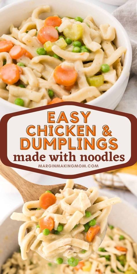 Using frozen egg noodles to make homestyle chicken and dumplings is one of the best shortcuts EVER! This dish is so delicious, with tender chicken, veggies, and a creamy broth paired with the most perfect thick noodles. I used Reames, but you could use any frozen egg noodles. Such a great comfort food! Chicken And Dumplings Noodles, Creamy Chicken Noodle Soup With Dumplings, Chicken And Dumplings Egg Noodles, Thick Egg Noodle Recipes, Chicken Noodle And Dumplings, Reames Chicken And Dumplings, Frozen Egg Noodles Recipes, Chicken Noodle And Dumpling Soup, Chicken And Dumplings With Egg Noodles