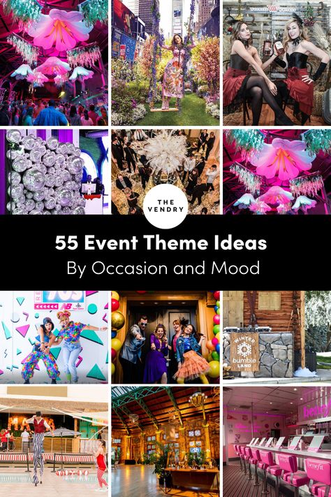 event ideas, event themes, event inspiration, a list of event decor Themes For Events Creative Ideas, Business Party Theme Ideas, Party Themes For Work Events, Party Theme Ideas List, Calendar Party Table Themes, Work Party Themes Events, Big Party Themes, Cultural Events Ideas, Table Themes Fundraiser