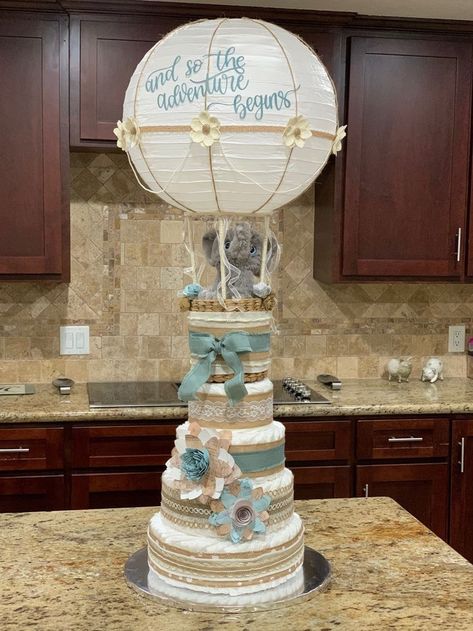 Adventure Theme - Hot Air Balloon Diaper Cake Baby Shower Hot Air Balloon Theme, Hot Air Balloon Baby Shower Theme Boys, Teddy Bear Hot Air Balloon Theme Centerpieces, How To Make Hot Air Balloon Centerpiece, Hot Air Balloon And Bear Theme, Baby Ballons, Hot Air Balloon Gender Reveal, Gender Reveal Hot Air Balloon, Airport Party