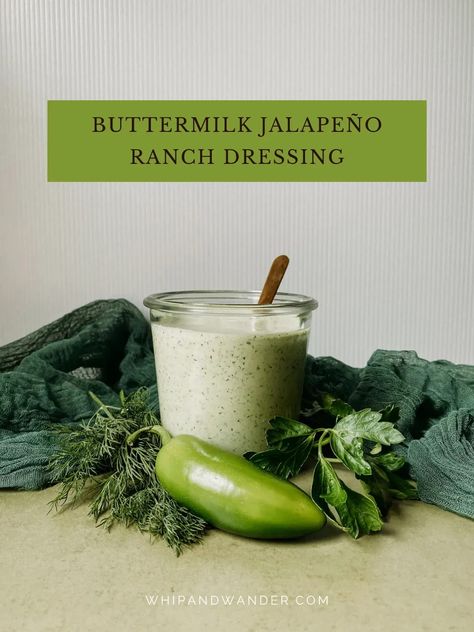 This Buttermilk Jalapeno Ranch Dressing blends up in 5 minutes or less and is a lightly spicy upgrade to the classic creamy salad staple. | whipandwander.com | #buttermilkjalpenoranch #ranchdressing #ranchdressingrecipes #ranchrecipes #dressing #dressingrecipes #buttermilkranch #buttermilkranchdressing Dill Cream Sauce, Jalapeno Ranch Dressing, Low Carb Dressing, Creamy Salad, Avocado Taco, Buttermilk Ranch Dressing, Buttermilk Ranch, Bbq Chicken Salad, Homemade Mayo