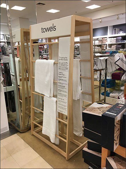 Macys Freestanding Towel Trapezoid Display Rack 3 Fabric Store Design, Towel Display, Ikea Bathroom, Retail Inspiration, Showroom Interior Design, Linen Store, Showroom Design, Rack Design, Boutique Interior