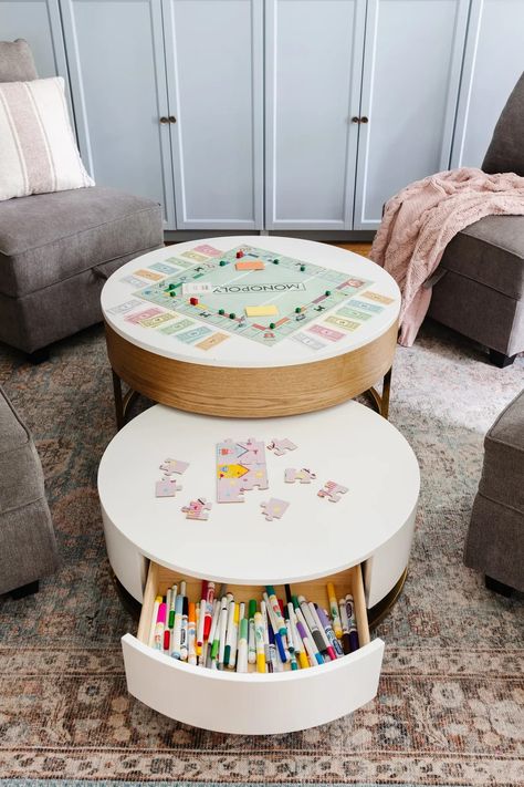 Kids Playroom Storage Furniture, Playroom Book Storage Ideas, White Toy Storage, Hidden Playroom In Living Room, Toy Storage In Playroom, Toy Storage Solutions For Living Room, Playroom Hidden Storage Ideas, Small Playroom Ideas With Tv, Basement Toy Area