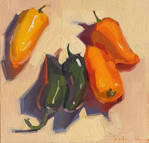 By Sarah Sedwick Tutorial Painting, Orange Peppers, Life Paintings, Abstract Art Landscape, Painting Still Life, Still Life Art, Daily Paintworks, Fruit And Veg, Mini Paintings